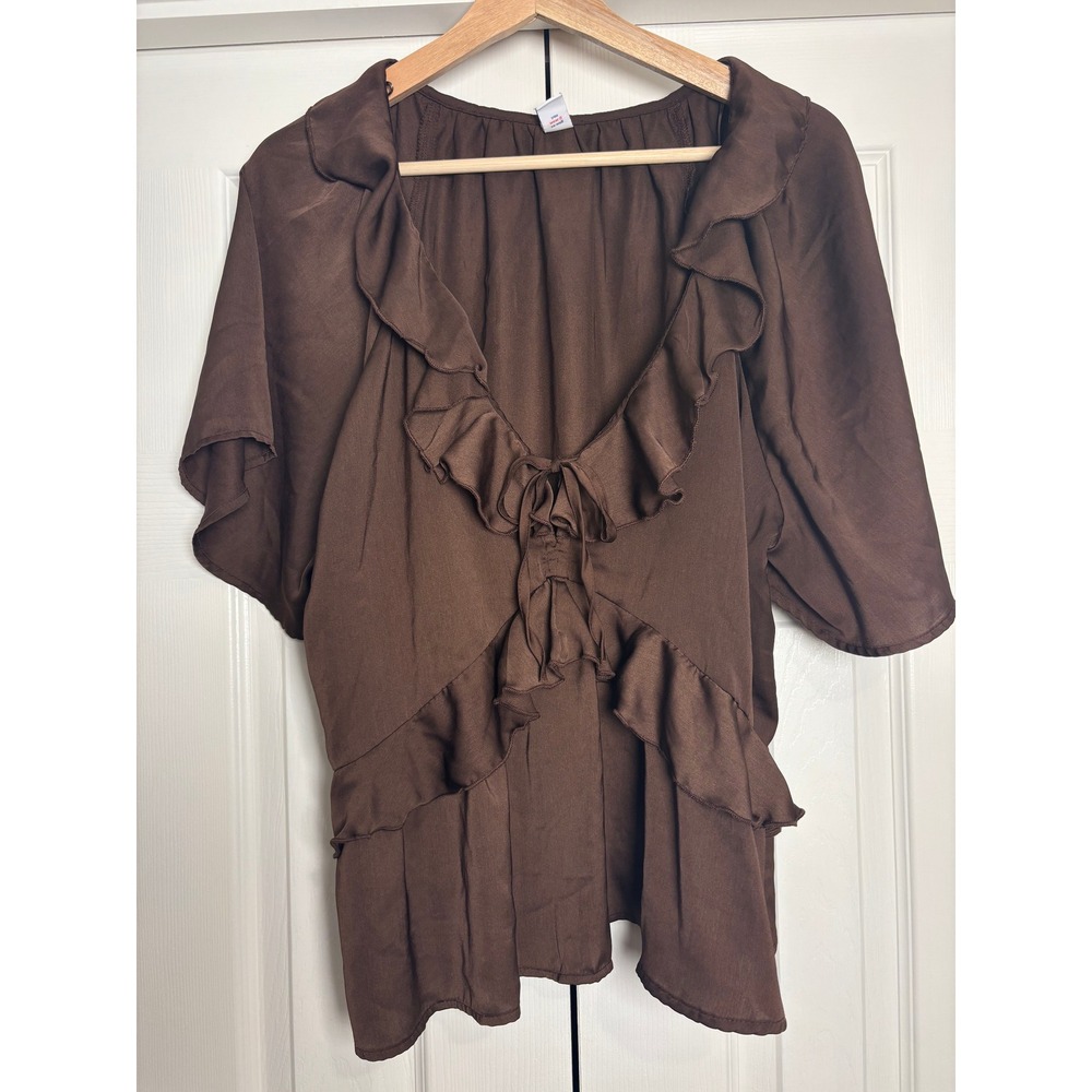 Old Navy Womens XL Brown Ruffle V-Neck Tie Front Flutter Sleeve Blouse Top